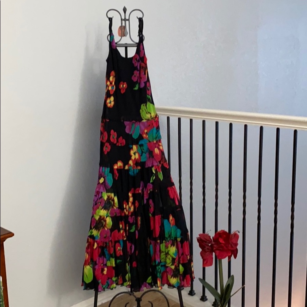 Long floral spaghetti strap dress.